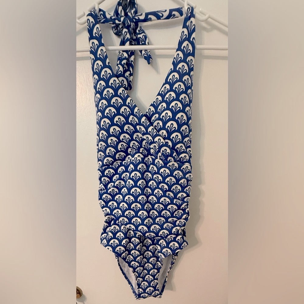 Boden royal blue & white scalloped pattern one piece long tall torso swimsuit